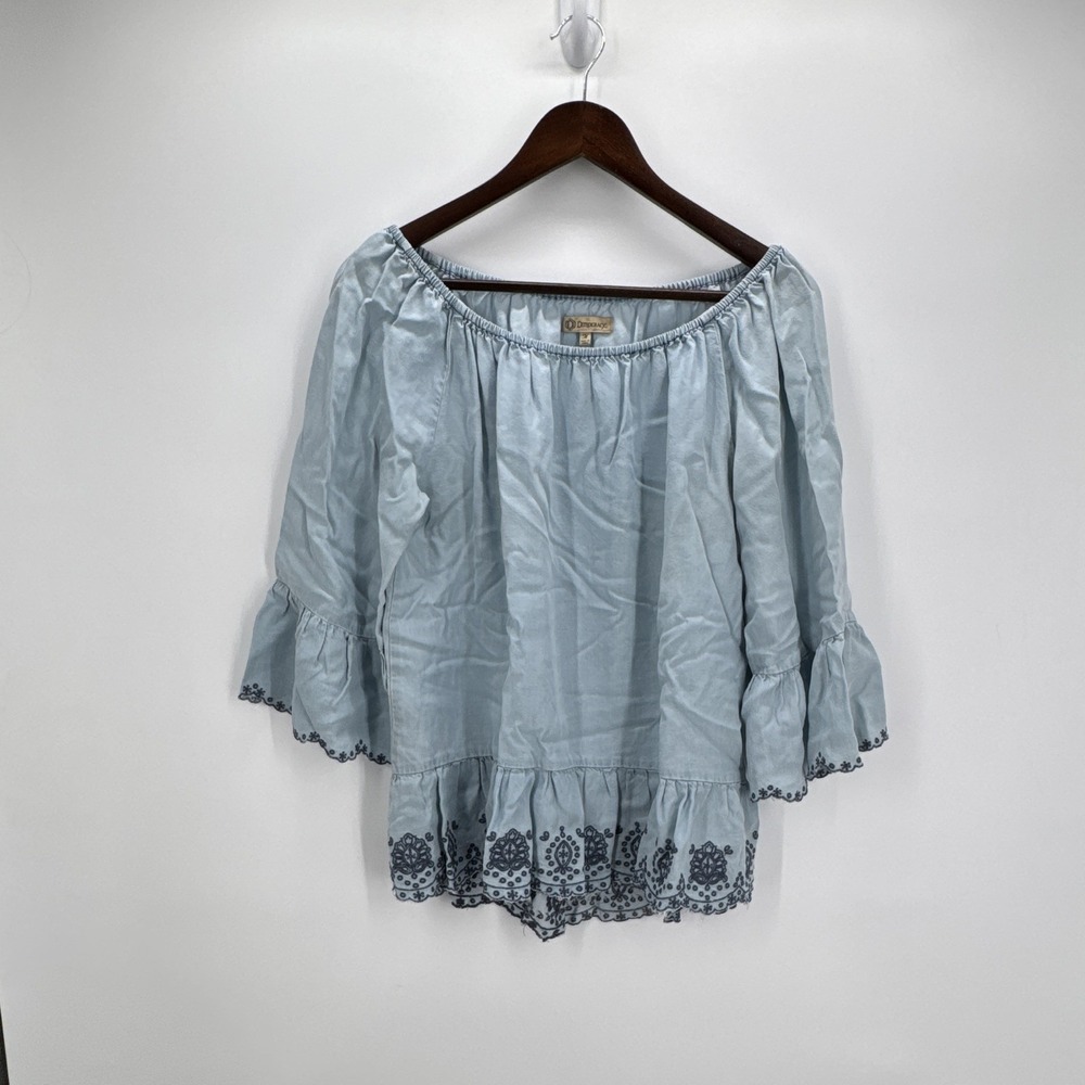 Democracy Women Light Wash Chambray Embroidered Off Shoulder Ruffle Top M Boho